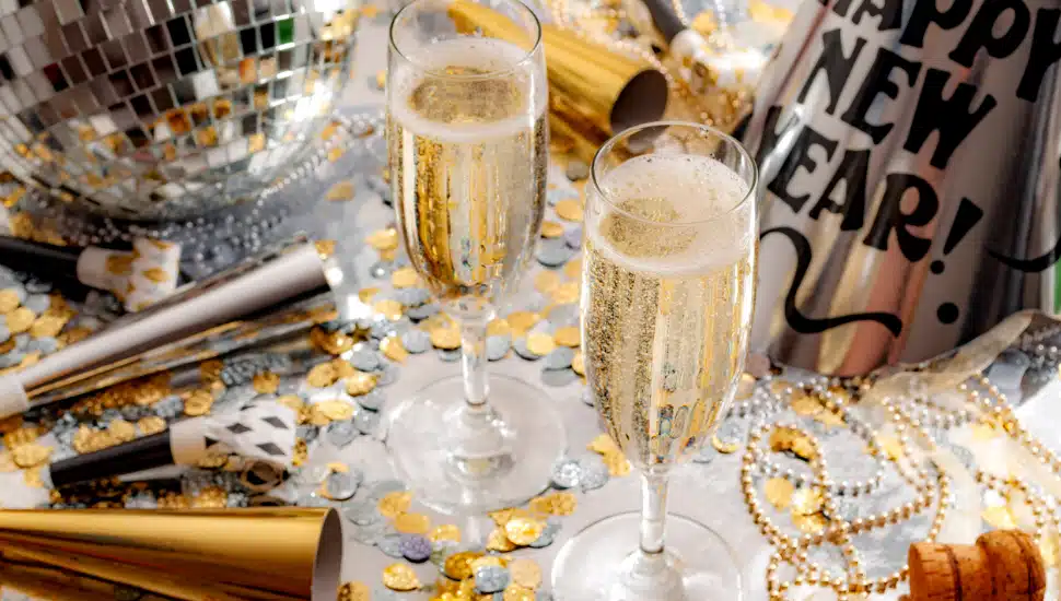 Happy new year celebration concept theme with close up on two glasses of champagne, disco ball covered in mirror, noise makers and party trumpets, confetti, beads and a cork on silver background
