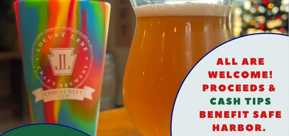A flyer showing glasses of ale promoting Safe Harbor's "Pints for a Purpose".