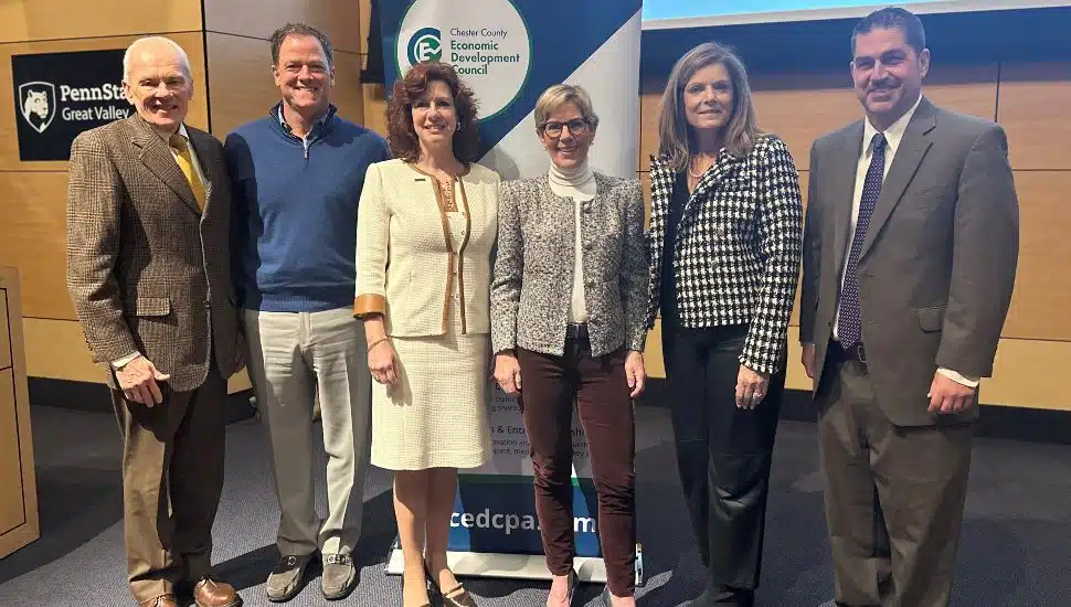 From left, Chester County Economic Development Council CEO Gary Smith, CCEDC Board Chair Bill Stedman, Director/Senior Investment Advisor for Truist Foundations & Endowments Specialty Practice Dianne P. Manges, CFA; CEO of Key Financial, Inc. Patti Brennan, CFP; CCEDC Senior Vice President of Business Development Services MaryFrances McGarrity, and CCEDC President and COO Mike Grigalonis.