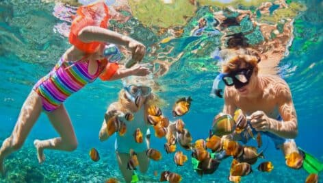 Family snorkeling with colorful fish