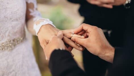 Closeup of groom placing a wedding ring on the brides hand