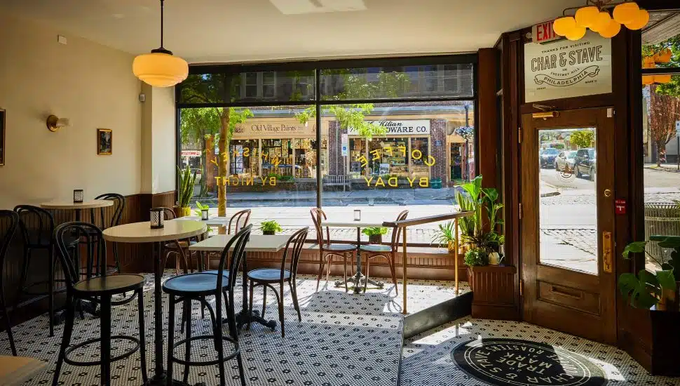 interior of Char and Stave. tables and chairs