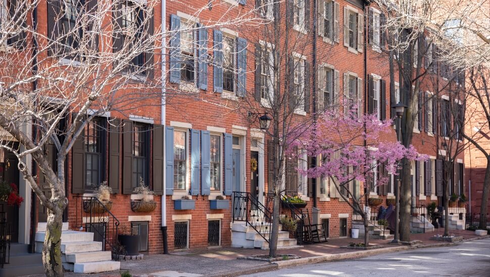 Rows of brownstone apartment buildings in Center City Philadelphia.