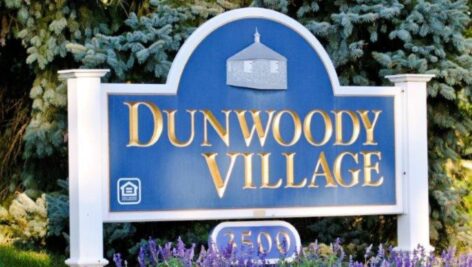 The sign for Dunwoody Village in Newtown Square.