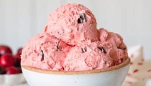 pink ice cream in bowl