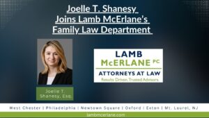 A news release banner showing that Joelle Shanesy joins Lamb McErlane’s Family Law Department in West Chester.