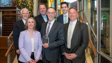 West Chester University President Christopher M. Fiorentino (center, front row) receives Lifetime Achievement Award. Pictured (l to r, front row) are Kattie Walker, President, Greater West Chester Chamber of Commerce; President Fiorentino; Joel Frank, Board Member, Chester County Chamber of Business & Industry; (l to r, back row) Steve Aichele, Board Member, Chester County Chamber of Business & Industry; Matt Tucker, Board Member, Greater West Chester Chamber of Commerce; John O’Brian, Executive Director, West Chester Improvement District.