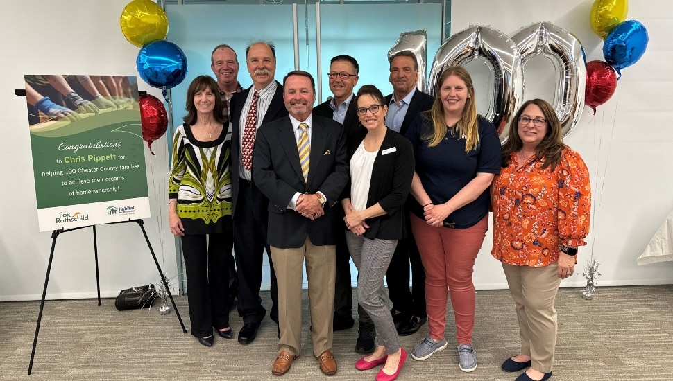 On Wednesday, April 24, Habitat for Humanity of Chester County honored Christopher J. Pippett, who completed his 100th home closing. Pictured at the celebration from L-R: Theresa Tarquinio, Jason Pyrah, John Spurlino, Chris Pippett, Chris Wiseman, Christy Kane, Mike Cappelletti, Brooke Sieger, and Stacy Bagent.