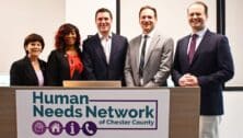 Chester County Commissioners Marian Moskowitz (left), Josh Maxwell (center) and Eric Roe (right) with Bridget Brown, Behavioral Health Crisis Response Program Director, and Joshua Bitler, Information & Referral Director for the new Human Needs Network of Chester County.