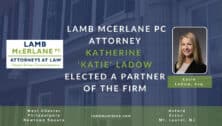 a photo of Katie LaDow announcing she has been promoted to partner at Lamb McErlane PC.
