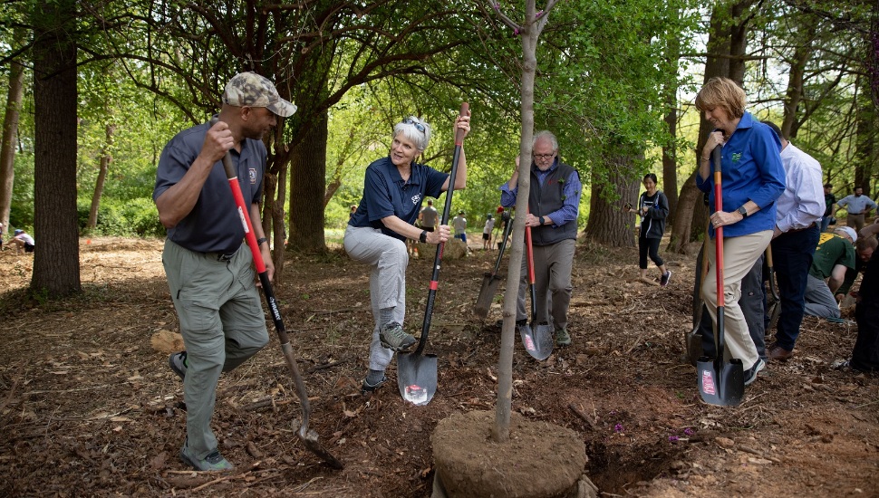 tate Senator Carolyn Comitta plants a tree at the 2023 Earth Day Festival at the Upper Main Line YMCA in Berwyn. Pictured (L to R): Commissioner Todd Pride, PA Game Commission; State Senator Carolyn Comitta; Oliver Bass, President of Natural Lands and Cindy Adams Dunn, Secretary of the Department of Conservation and Natural Resources (DCNR).