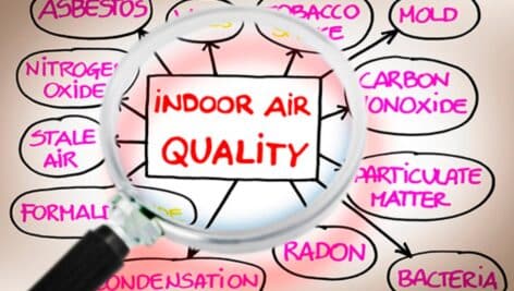 Layout about the most common dangerous domestic pollutants we can find in our homes which cause poor indoor air quality and chronic disease - Sick Building Syndrome concept seen through a magnifying glass.