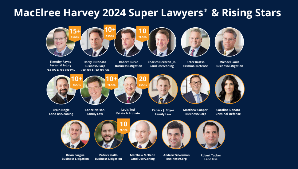 Headshots of the 17 MacElree Harvey Attorneys recognized on the Super Lawyers® and Rising Stars list in 2024.