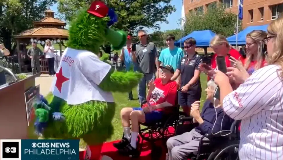 Phillie Phanatic Surprises World War II Army Veteran on His 100th Birthday in Spring City