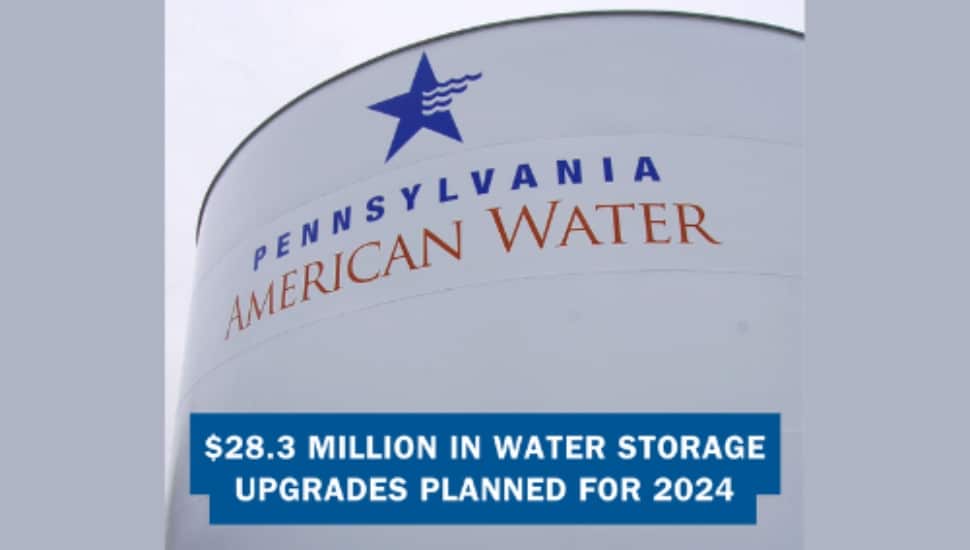 Penn American Water water tower image with text at the bottom announcing the company's investment plan to rehab 10 water tanks and build 4 new ones in 2024.