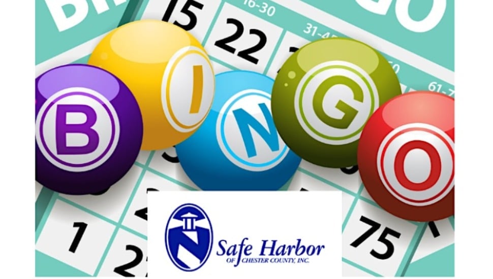 Bingo balls, Bingo cards and the Safe Harbor of Chester County logo.