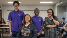 Dr. Desha Williams (center), dean of West Chester University’s College of Education and Social Work, is pictured at Plymouth Whitemarsh High School with recent WCU education graduates/former PRIZE Ambassadors Devin Davis (back row/left), Imere Williams (back row/middle), and Equity and Advancement Officer for Colonial School District Melissa Figueroa-Douglas (back row/right).