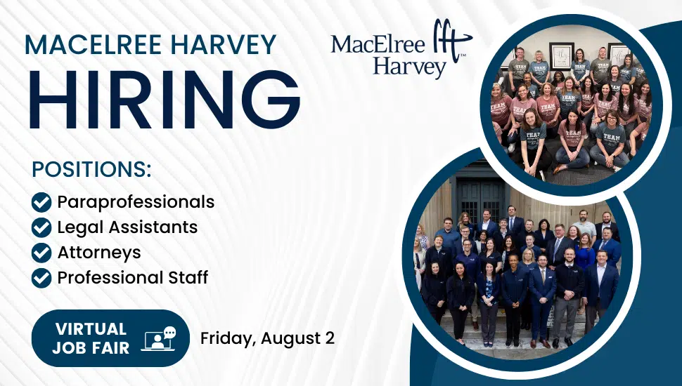 Graphic promoting MacElree Harvey's virtual job fair on Friday, Aug. 2, from 10:00 AM-2:00 PM.