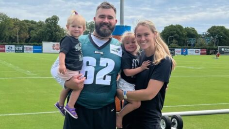 Jason Kelce, seen here with wife Kylie and two of their three daughters,