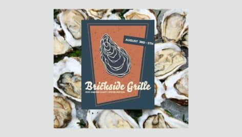 Flyer with oysters in the background promoting the oyster festival aug. 3-5 at Brickside Grille.