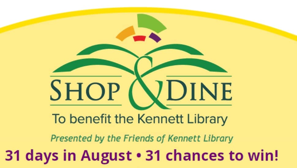 Text on a colorful background reading "Shop & Dine to benefit The Friends of the Kennett Library."