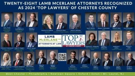 Image with Lamb McErlane's 28 attorneys who have been named as as 2024 "Top Lawyers" of Chester County by Daily Local News Readers' Choice.