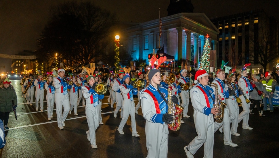 Marching band performing at the West Chester Christmas Parade.