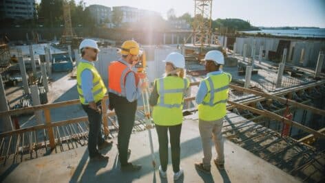 Construction workers gathering at work site, making plans.