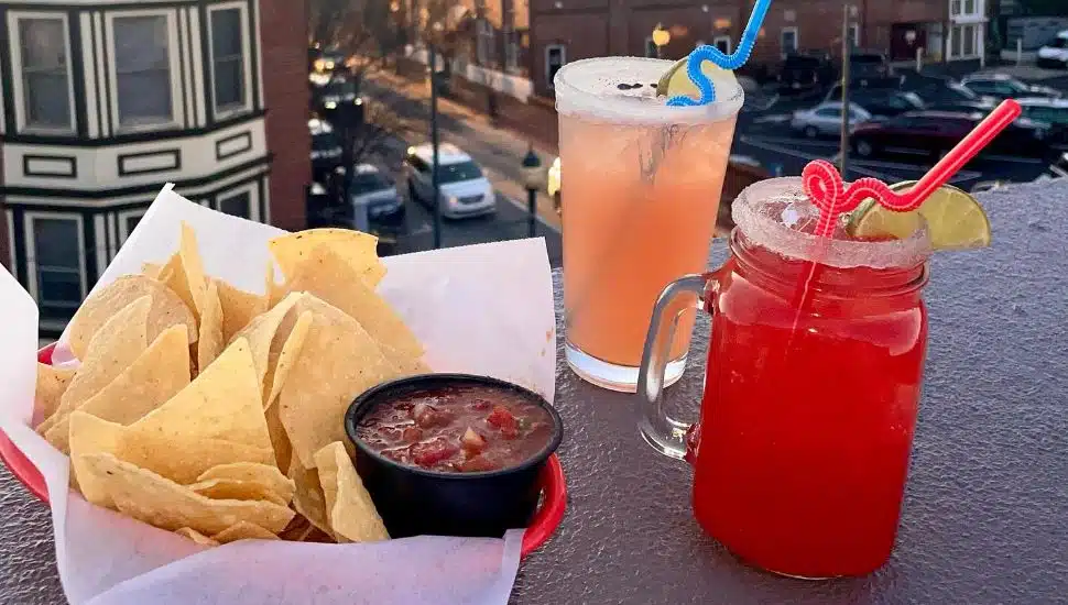drinks and chips on rooftop