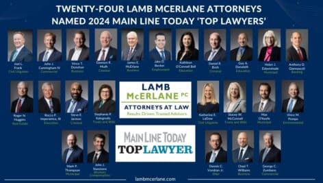 A graphic with the images of the 24 Lamb McErlane Attorneys named to Main Line Today's 2024 "Top Lawyers" list.