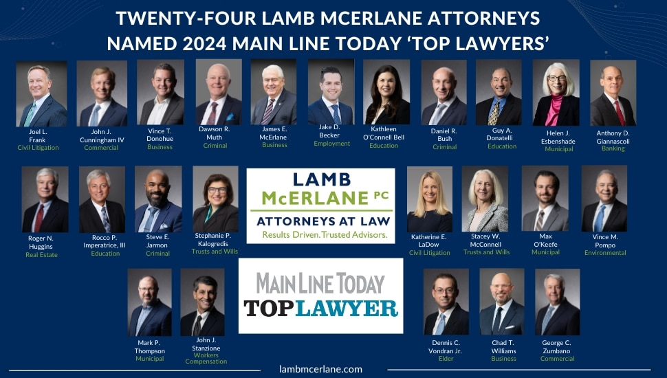 A graphic with the images of the 24 Lamb McErlane Attorneys named to Main Line Today's 2024 "Top Lawyers" list.