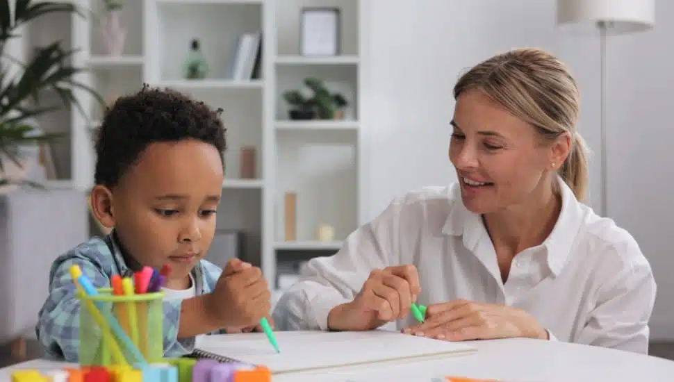 A woman therapist works with a young boy while he draws.