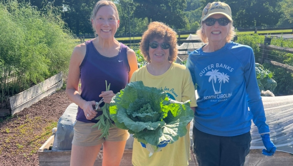 Chester County Food Bank volunteers holding crops at Springton Farm.