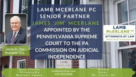 A banner with a photo of James McErlane and the text that he's been appointed to the PA Commission on Judicial Independence.