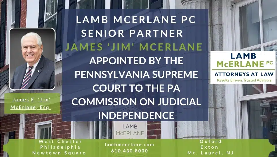 A banner with a photo of James McErlane and the text that he's been appointed to the PA Commission on Judicial Independence.