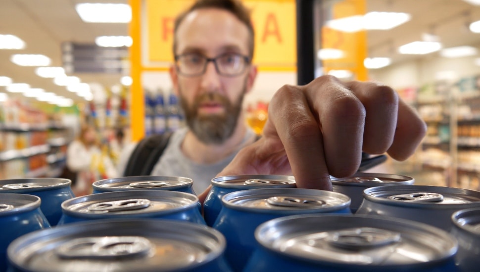 man pulling beer cans off shelf