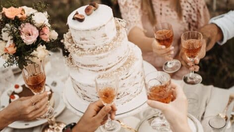 people toasting at a wedding cake