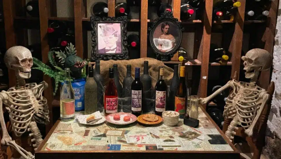 bottles of wine on table with skeletons sitting down