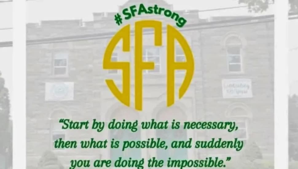 A graphic with #SFAstrong, indicating the recent fire at St. Francis of Assisi School.