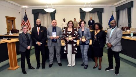 Councilwoman Jess Branas; Mayor Ed Brown; Awardee Pastor Nolberto Guerra Chacón, Lead Pastor of Casa De Dios Fresca Unción Central; Awardee Marisabel Isel, Student Support Specialist for Chester County Intermediate Unit’s Migrant Education Program and Member of the Delaware County Commission for Immigrant Affairs; Awardee DCCC President Dr. Marta Yera Cronin; Councilwoman Danyelle Blackwell; and Councilman David Bantoe. 