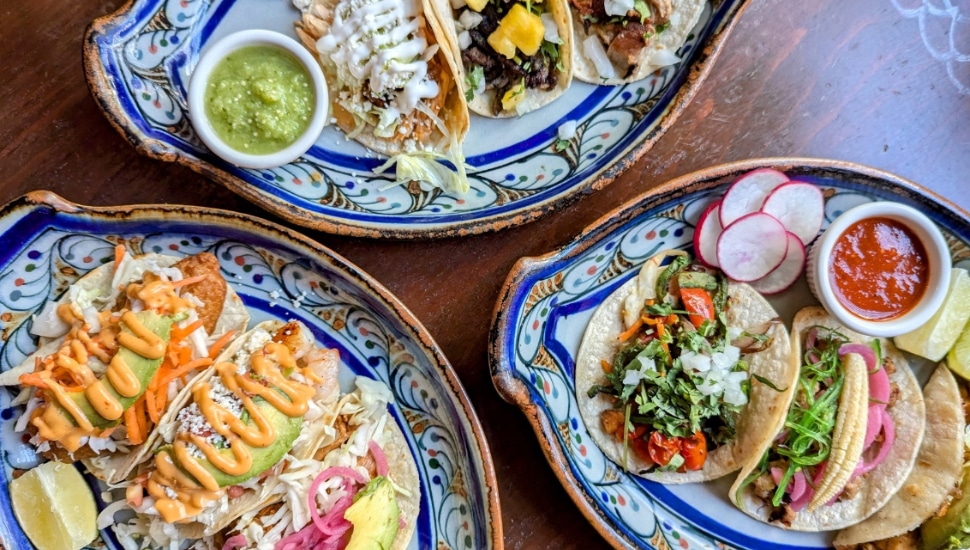 An array of tacos across several plates.