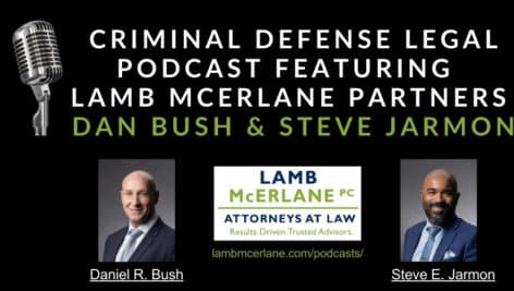 A graphic promoting Lamb McErlane Attorneys Dan Bush and Steve Jarmon and their latest legal podcast, "Not Guilty."