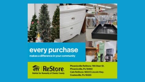 Habitat for Humanity of Chester County ReStore location, showcasing a variety of home goods and Christmas items for purchase.