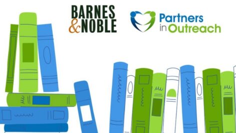 A graphic with books lined up with the Barnes & Noble and Partners in Outreach logo.