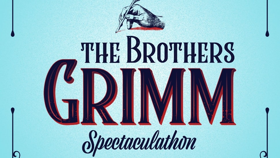 A graphic promoting Immaculata University's Cue & Curtain Theatre presenting "The Brothers Grimm Spectaculathon."