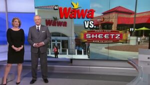 two news anchors talking about wawa and sheetz