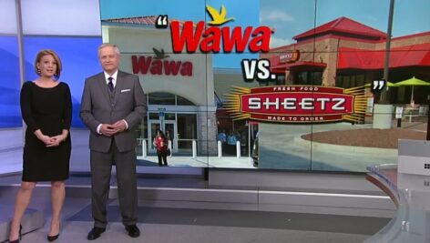 two news anchors talking about wawa and sheetz