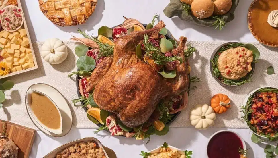 thanksgiving food spread out on table, aerial view