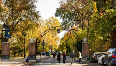 A golden fall day at the entrance to Widener University in Chester.