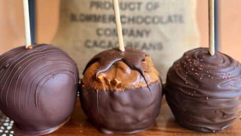 3 chocolate pops from Bridge Street Chocolates lined up.